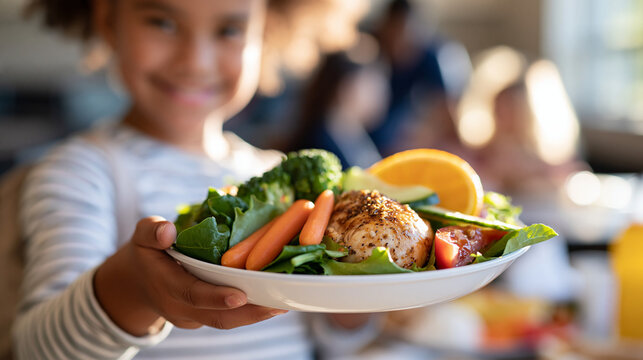 Cropped view of a young student proudly showing a healthy school lunch plate face out of frame bright healthy lunch plate school cafeteria student pride education setting