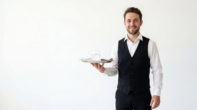 Waiter holding tray with glass of water and napkin in white shirt and black vest serving hospitality