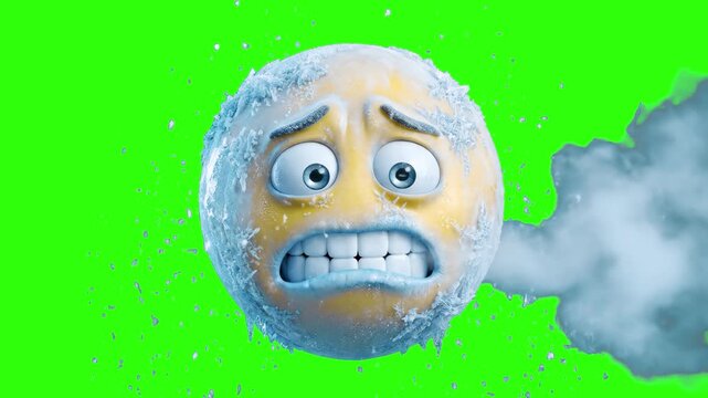 A 3D render of a frozen emoji character shivering with ice and icicles on a chroma key green background. Designed for seamless keying and compositing in winter video promos, weather reports, and socia