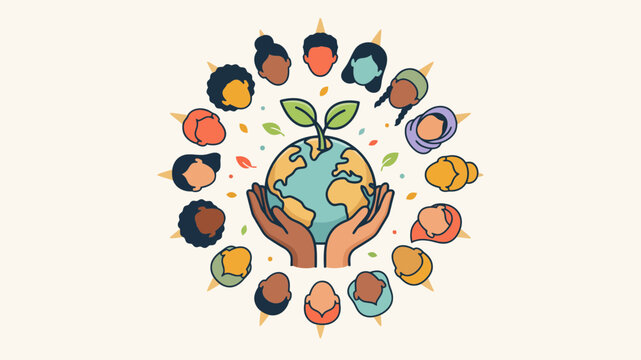 A colorful vector illustration depicts diverse people surrounding a globe with sprouting leaves diversity inclusion community global planet