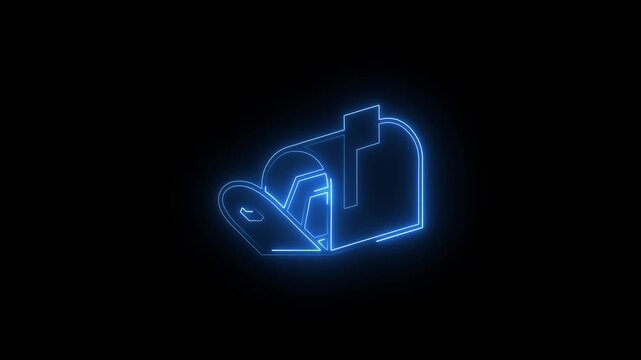 Postal service blue color neon line animation. Mailbox animated icon. Moving mail, envelope. Shaking box. Marketing delivery, notification. Outline element on black background