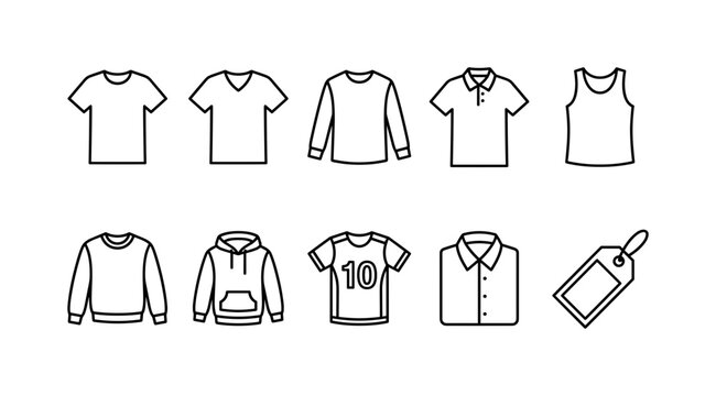 Men Apparel Basics, line icon set featuring crew neck T-shirt, V-neck T-shirt, long sleeve shirt, polo shirt, tank top, sweatshirt, hoodie, sports jersey, folded shirt and apparel tag, covering