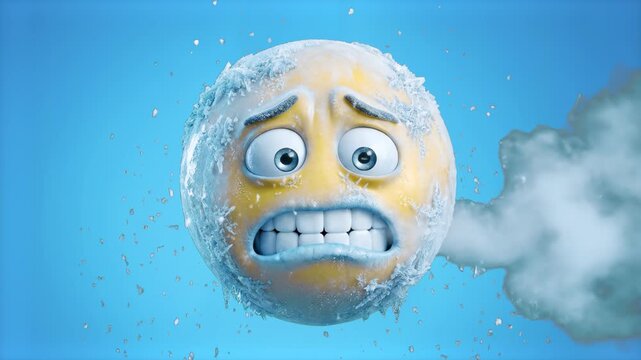 A detailed 3D emoji face shivering in extreme cold, covered in ice and frost while exhaling cold vapor against a soft blue sky backdrop. Perfect for winter weather updates, frostbite awareness, and fr