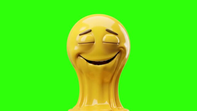 A vivid 3D illustration of a melting yellow emoji character with closed eyes and a contented smile, isolated on a bright chroma key green background. Perfect for compositing into video edits, summer h