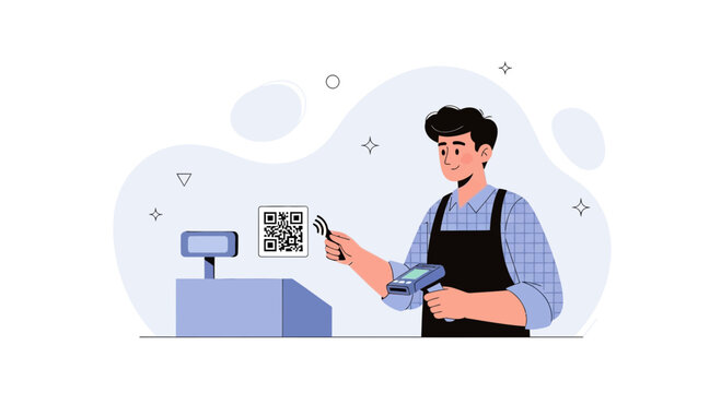 Cashier uses QR code and card reader for modern contactless payment at retail checkout