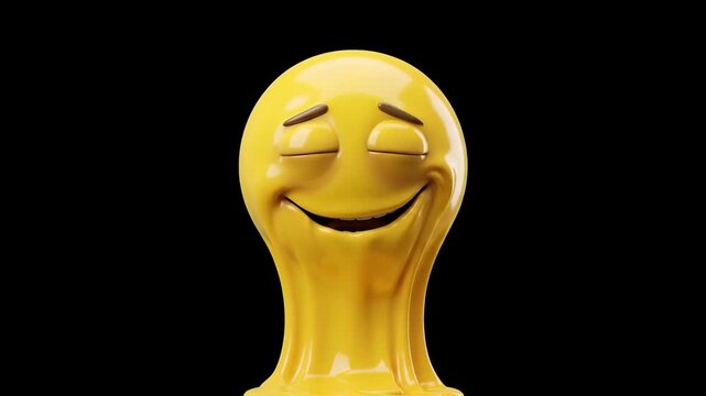 A unique 3D rendering of a melting yellow emoji sphere with closed peaceful eyes and a relaxed smile, slumping downward, isolated on a black background. Great for stress relief concepts, heatwave meta
