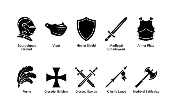 Medieval Knight Helmet, solid glyph icon set featuring bourguignot helmet, visor, shield, sword, armor plate, plume and crusader emblem, covering medieval armor, knight equipment, military history and