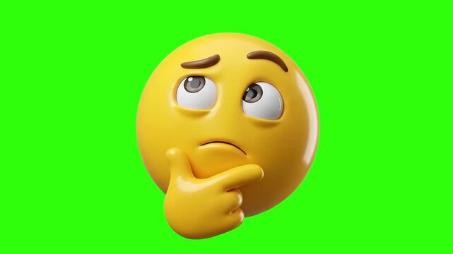 A glossy yellow 3D emoji character posing in a pensive thinking gesture with a hand on its chin against a chroma key green background. Excellent for social media reaction overlays, decision-making con