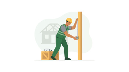 Fototapeta premium Construction Worker Measuring Wooden Plank with Tape in Flat Style