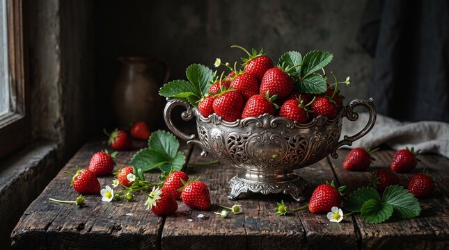 A beautiful vintage silver bowl filled with fresh red strawberries sitting on a rustic wooden table surface