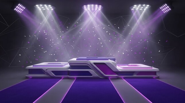 Futuristic purple podium with stage lights and confetti