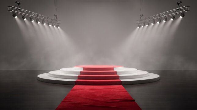 Empty red carpet stage with spotlights and smoke