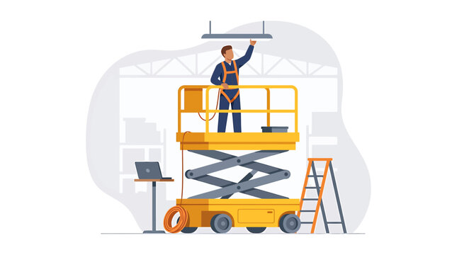 Electric Scissor Lift Worker Performing Ceiling Maintenance in Warehouse
