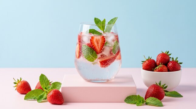 Refreshing cold strawberry drink with fresh mint leaves served in a glass on a soft pastel background