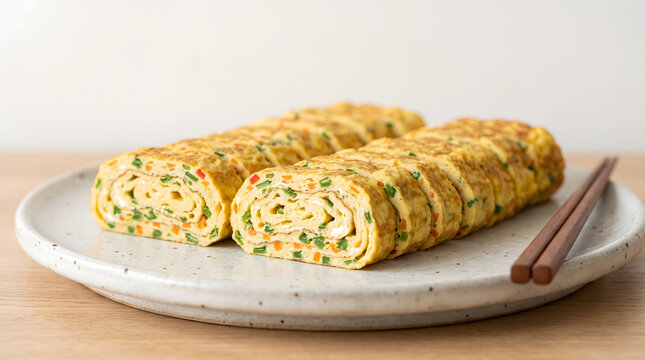 Korean gyeran-mari egg roll sliced into neat pieces.