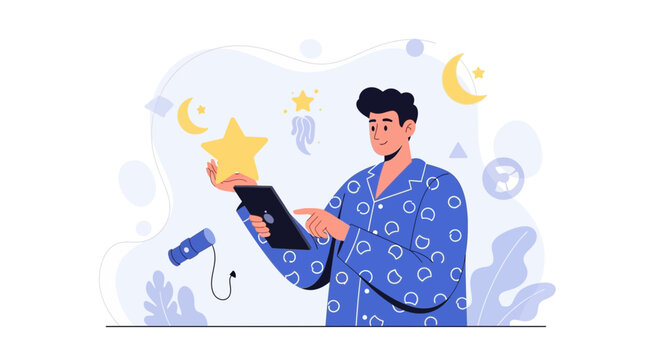 Man in pajamas holding a star and tablet, surrounded by celestial elements and plants, vector illustration