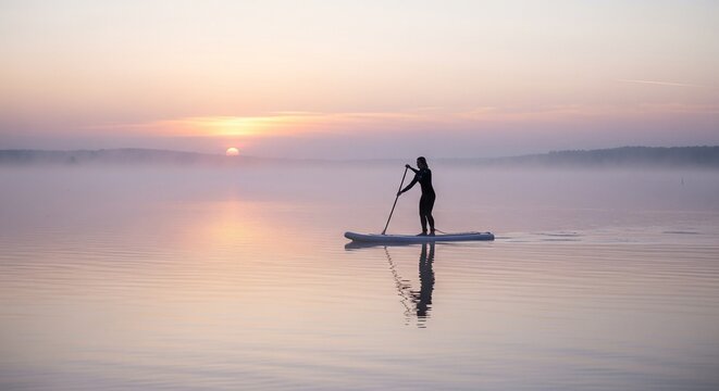 Solo paddleboarder gliding across serene dawn waters under vibrant sunset hues