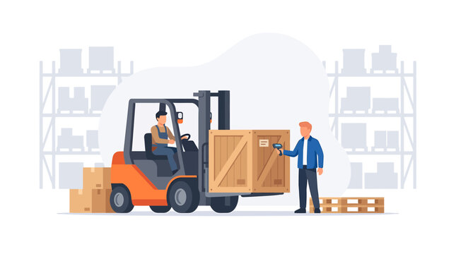Warehouse Logistics Worker Scanning a Shipping Crate with a Forklift