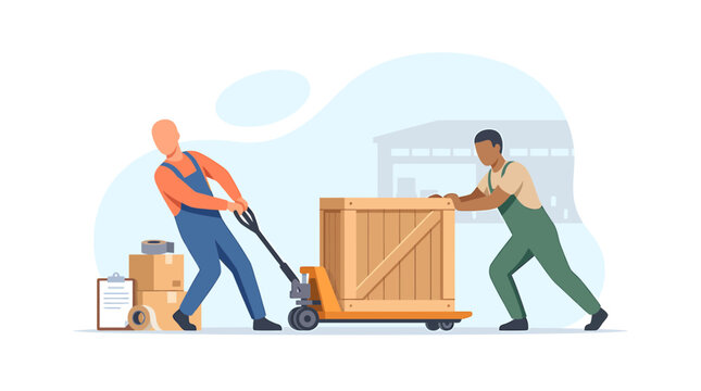 Warehouse Workers Using a Hand Truck to Move a Wooden Shipment Crate