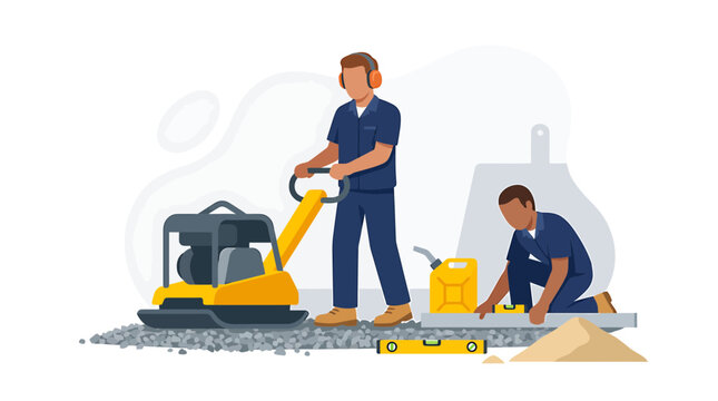 Workers Using Compactor and Level for Road Construction Groundwork
