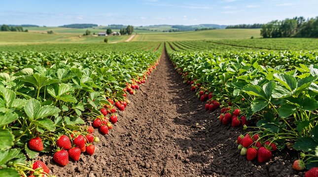 Rows of ripe red strawberry plants growing in a sunny agricultural field during the summer harvest season