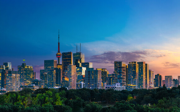 Panoramic view of the downtown Toronto financial center skyline with modern skyscrapers