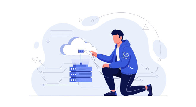 IT professional connecting server to cloud with data cables in a modern flat illustration style