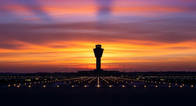 Silhouetted airport control tower standing alone against vibrant sunset skyline