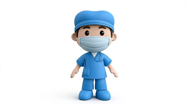 Friendly healthcare mascot wearing a modern medical uniform, realistic 3D character with a warm smile, designed for healthcare branding, education and promotional materials.