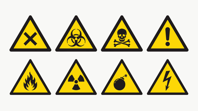 Eight yellow warning signs with black hazard symbols are displayed against a white background sign danger caution toxic