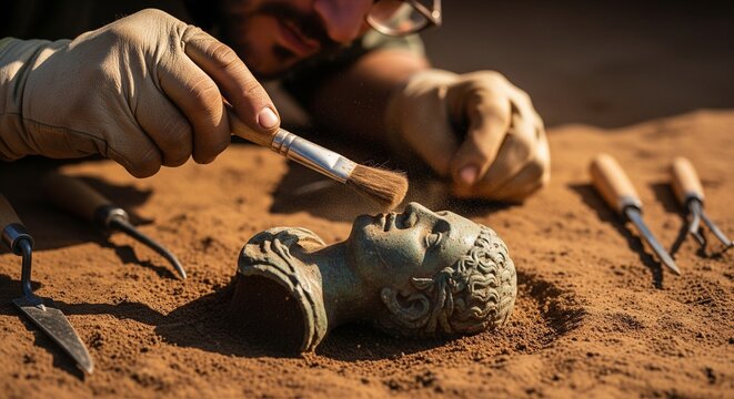 Archaeologist carefully excavates ancient clay pottery artifact in desert terrain