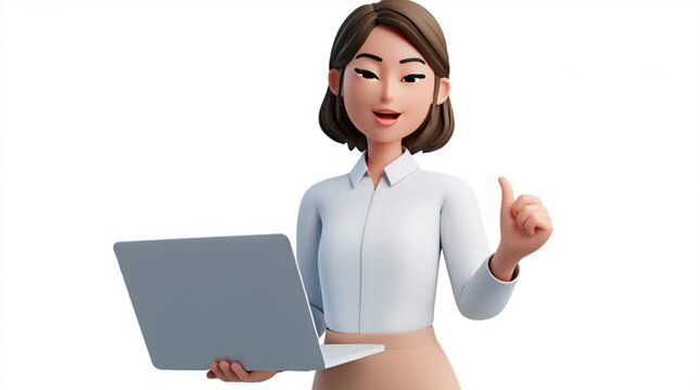 Smiling businesswoman holding a laptop and pointing forward, wearing a modern office outfit, isolated on a clean white background for professional business and marketing use.