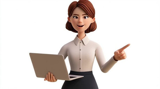 Smiling businesswoman holding a laptop and pointing forward, wearing a modern office outfit, isolated on a clean white background for professional business and marketing use.