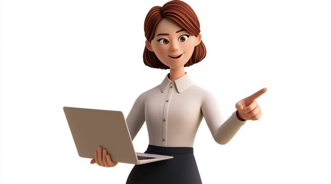 Smiling businesswoman holding a laptop and pointing forward, wearing a modern office outfit, isolated on a clean white background for professional business and marketing use.