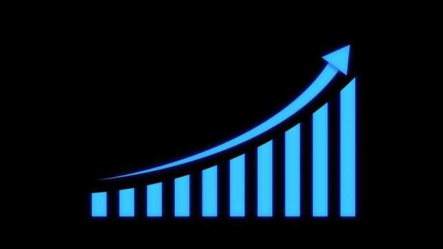 Dynamic blue bar chart rising with upward trending arrow animation on black background, for business growth, financial success, data, analysis, market performance, and corporate profitability