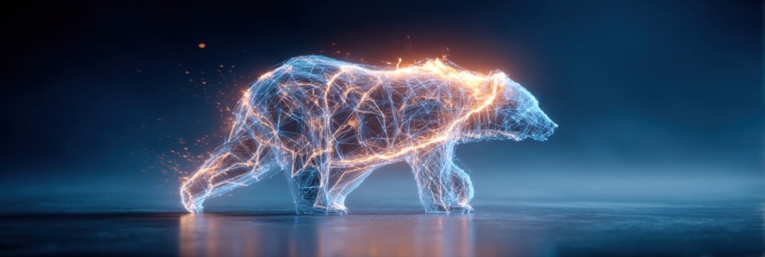 A glowing, digital wireframe of a bear with fiery highlights walks against a dark, reflective background.