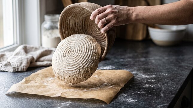 Baker carefully unmolding sourdough bread dough from proofing basket onto parchment paper for baking