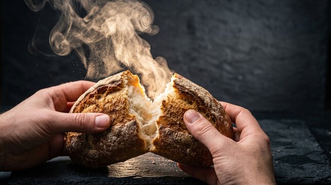 Hands breaking apart a freshly baked loaf of bread releasing steam and aroma, celebrating homemade goodness