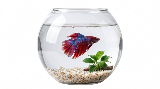 Betta fish swimming in a round clear glass fishbowl water pet isolated on white background