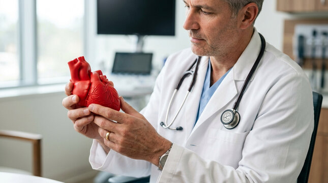 Doctor holding a red anatomical heart model in a modern medical office