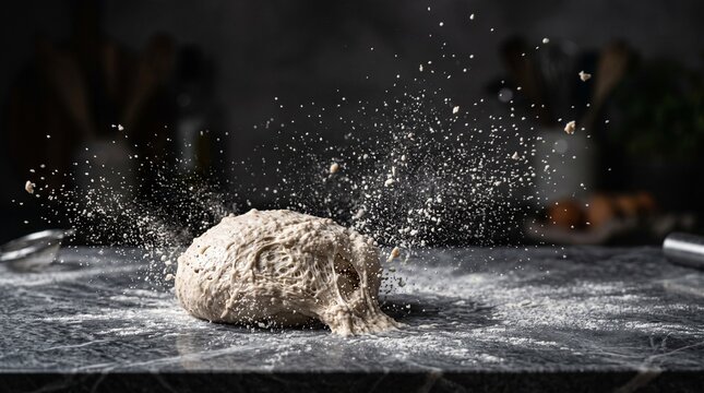 Sourdough bread dough being kneaded with flour exploding in a dramatic motion on a dark marble surface