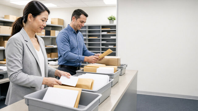 Professional office mailroom staff sorting envelopes and packages. Corporate logistics workers handling mail delivery and distribution in a modern workspace.