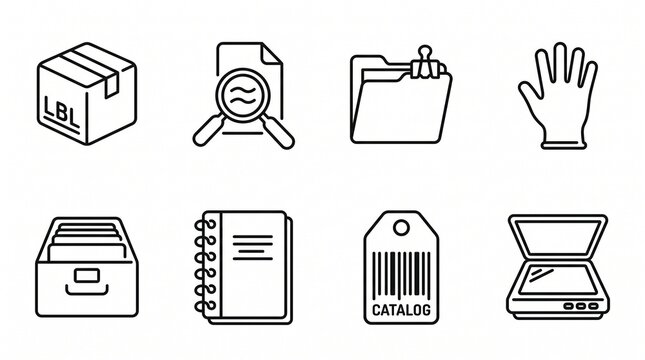 Set of 8 monochrome line icons for Archivist Day on white background