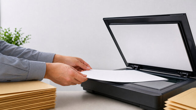 Modern flatbed scanner in office, businessman scanning paper document, digital archiving and paperwork management