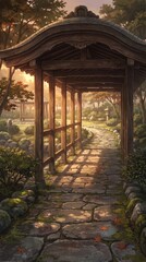 Obraz premium Japanese Temple Garden Path Beneath a Wooden Covered Walkway in Soft Evening Light