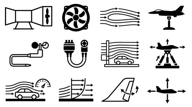Aerodynamics engineering icons for research simulation and flow testing.