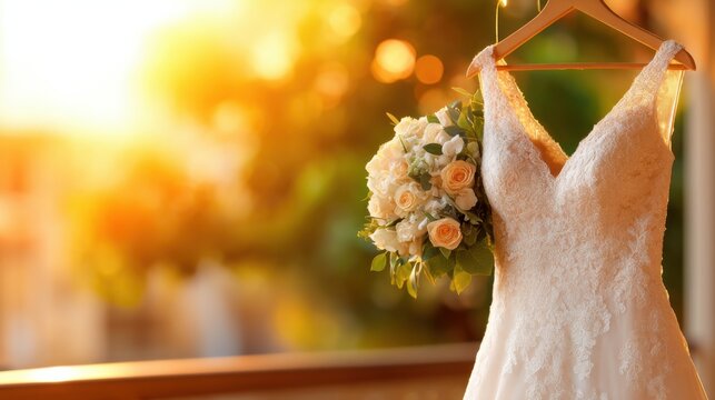 A white lace wedding dress hangs beside a bouquet of soft peach and white roses, bathed in warm golden sunlight.