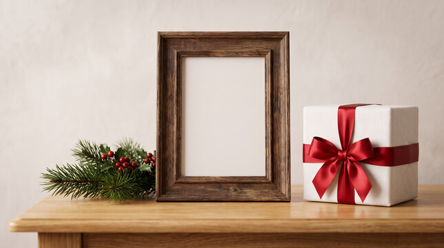Empty picture frame with a christmas gift box and pine branches on a wooden table