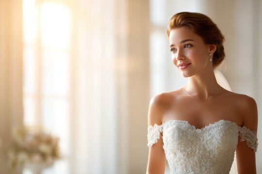 A smiling bride in an elegant off-the-shoulder lace wedding dress stands in soft natural light, radiating joy and grace on her special day.