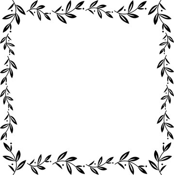 Minimalist floral border square frame vector illustration. Elegant black leaf wreath copy space template for organic cosmetic certificate design